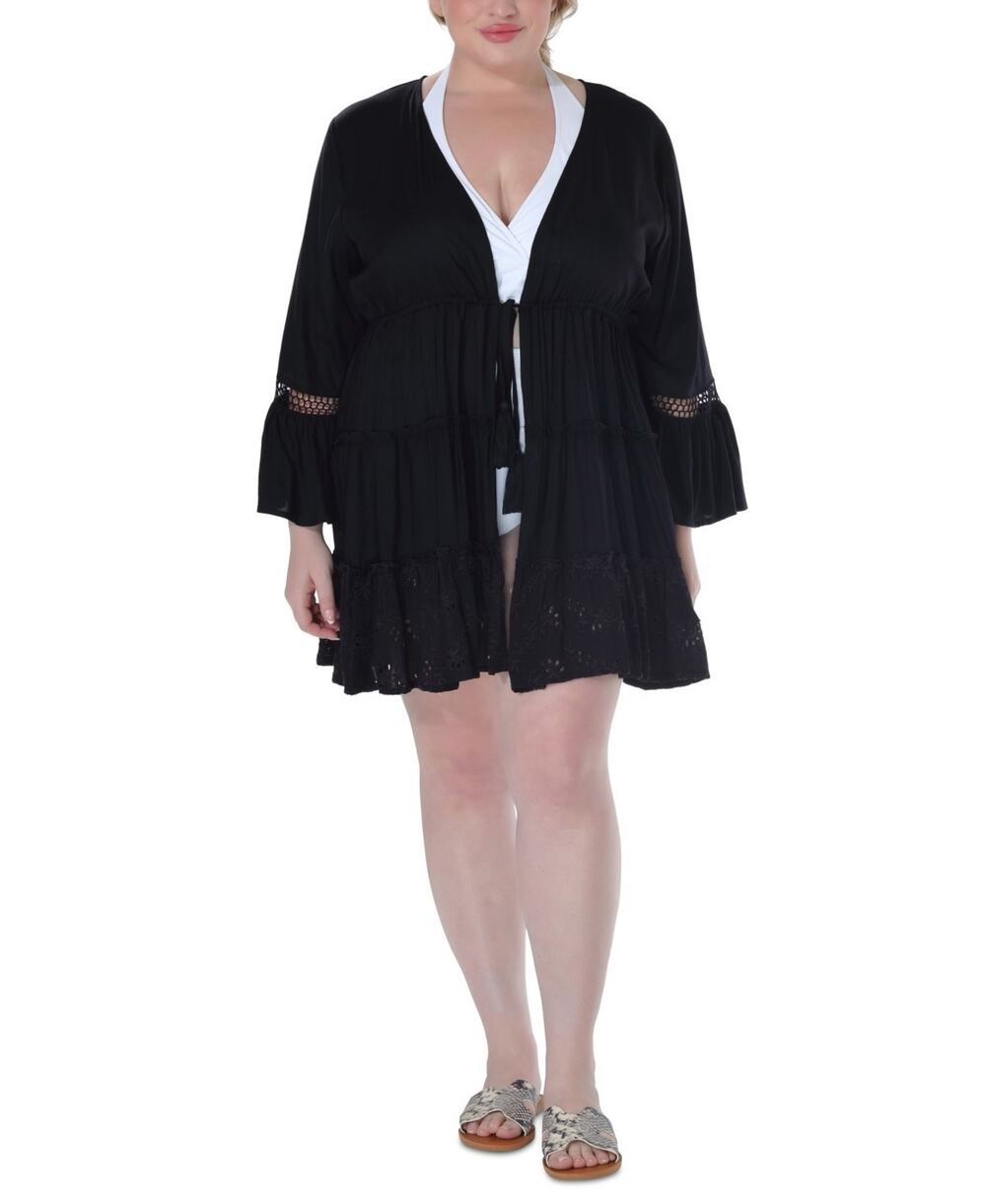 Raviya Plus Size Lace-Inset Eyelet-Flounce Cover-Up Black Size 1X 3544
